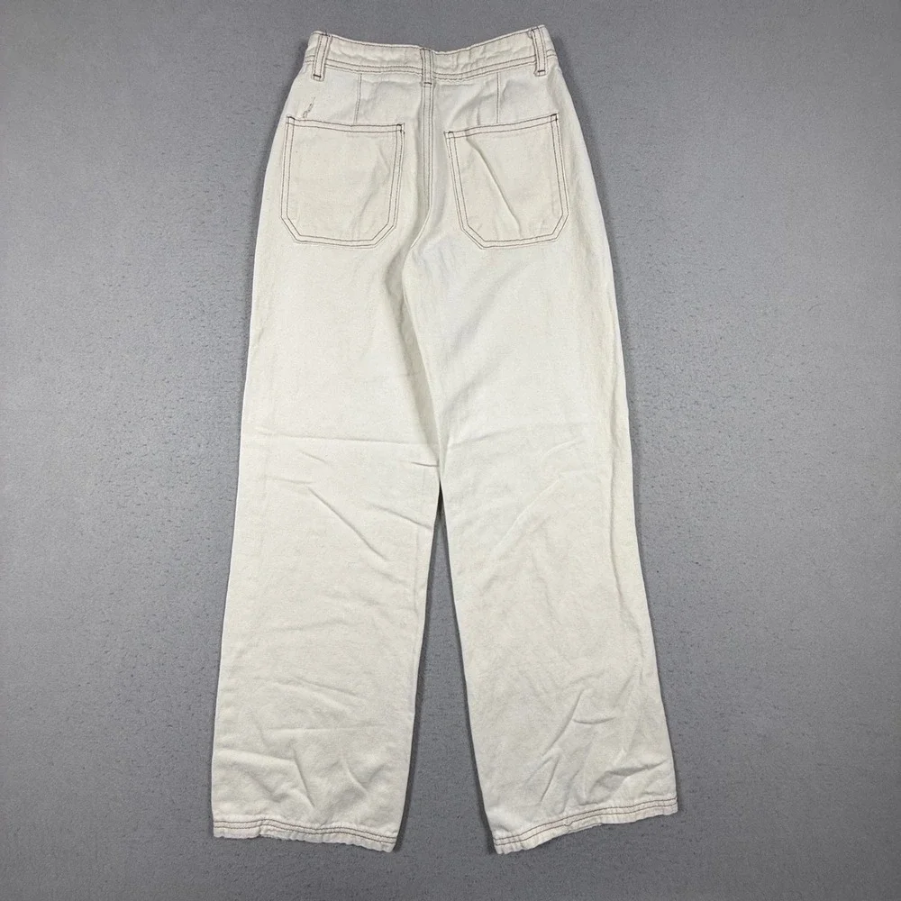 Zara Womens Cream Wide Leg Pants Contrast Stitch Cotton Linen Blend Size 0
